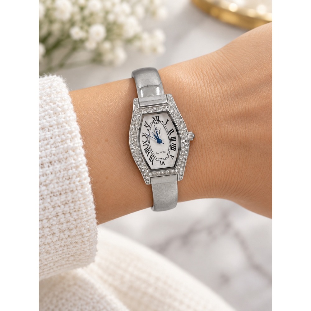 Vintage SF Women's Bracelet Watch Crystal Bezel Silver Tone New Battery